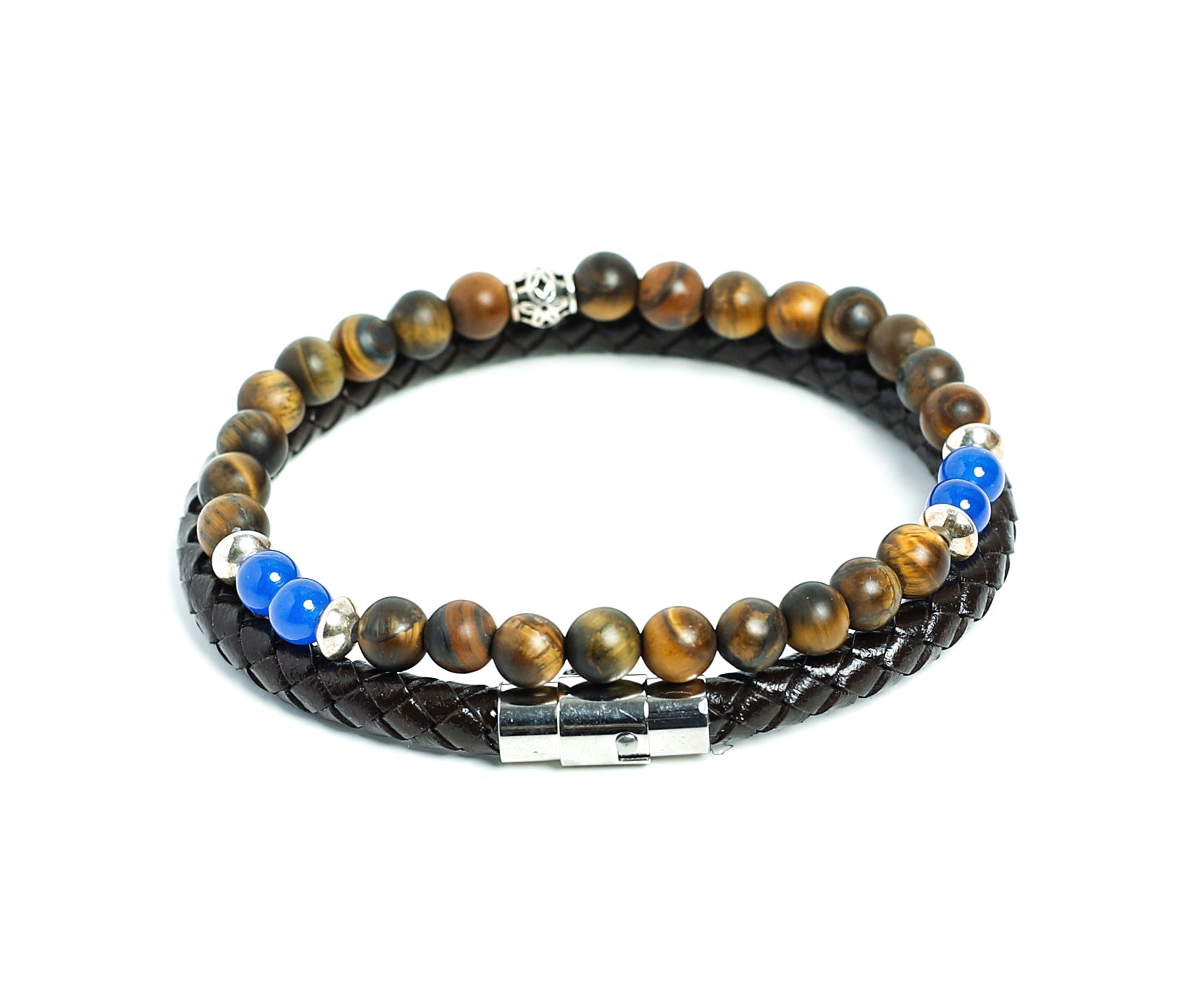 Men's Layered Braided Leather Beaded Bracelet With Tiger Eye, Natural Stone