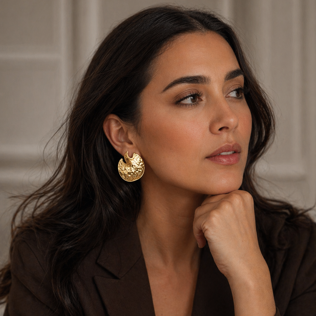 Gold Textured Round Statement Earrings with butterfly clasp for women at RM Kandy