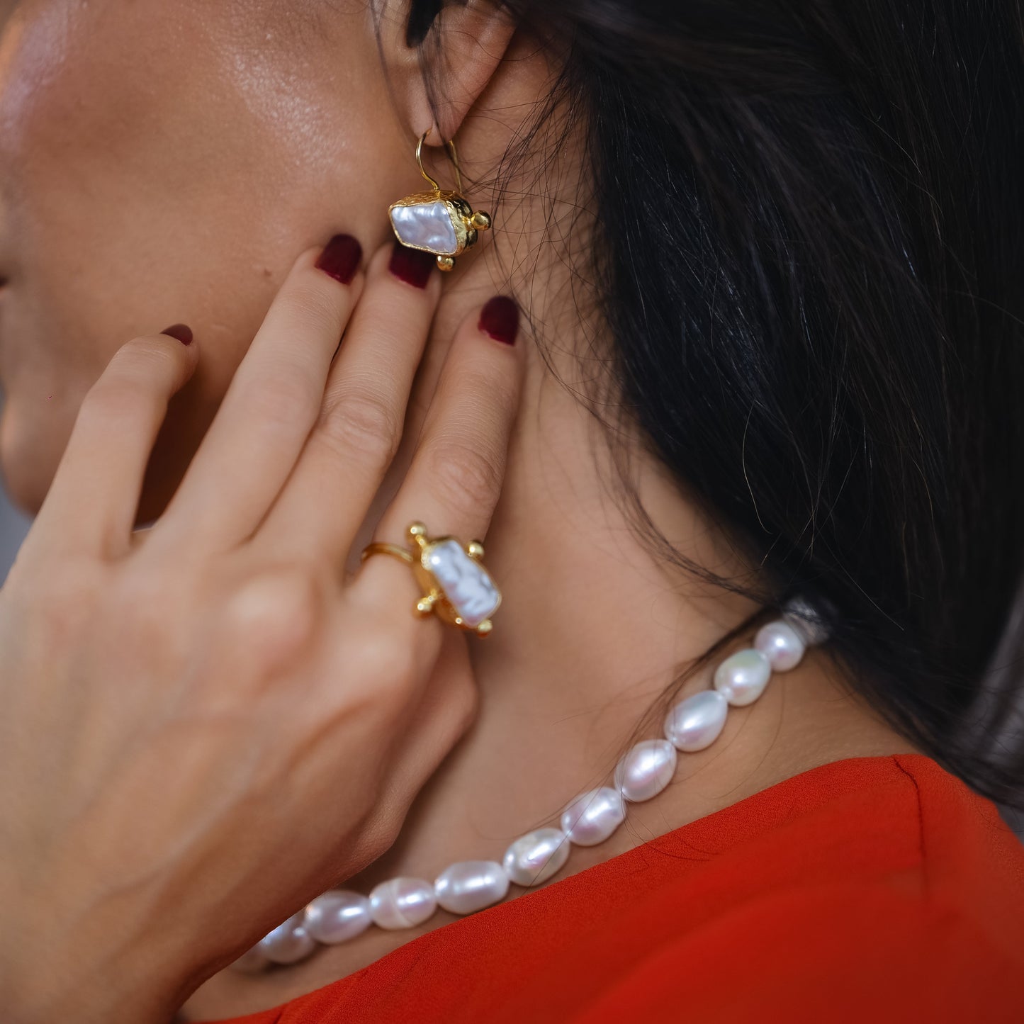 Baroque Pearl Statement Ring and Earrings handmade for women at RM Kandy