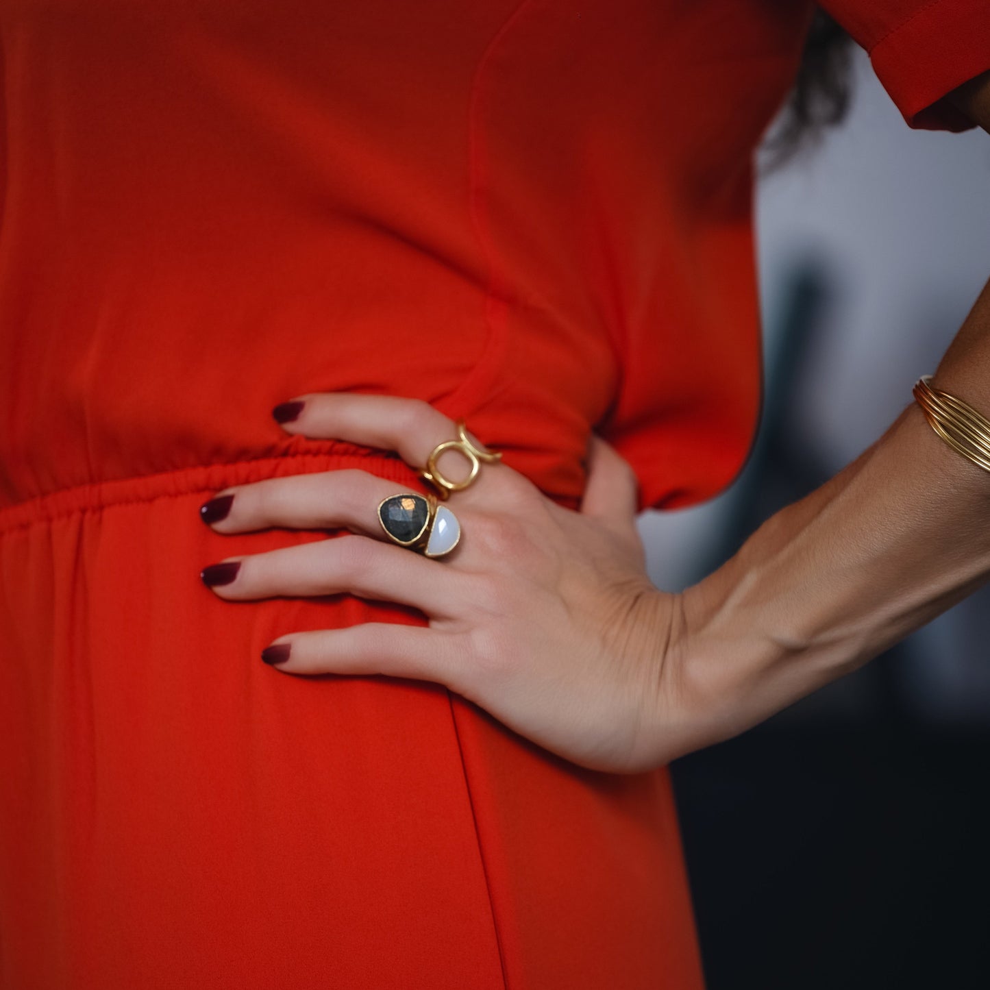 Women's Labradrote and Moonstone cocktail ring adjustable at RM Kandy