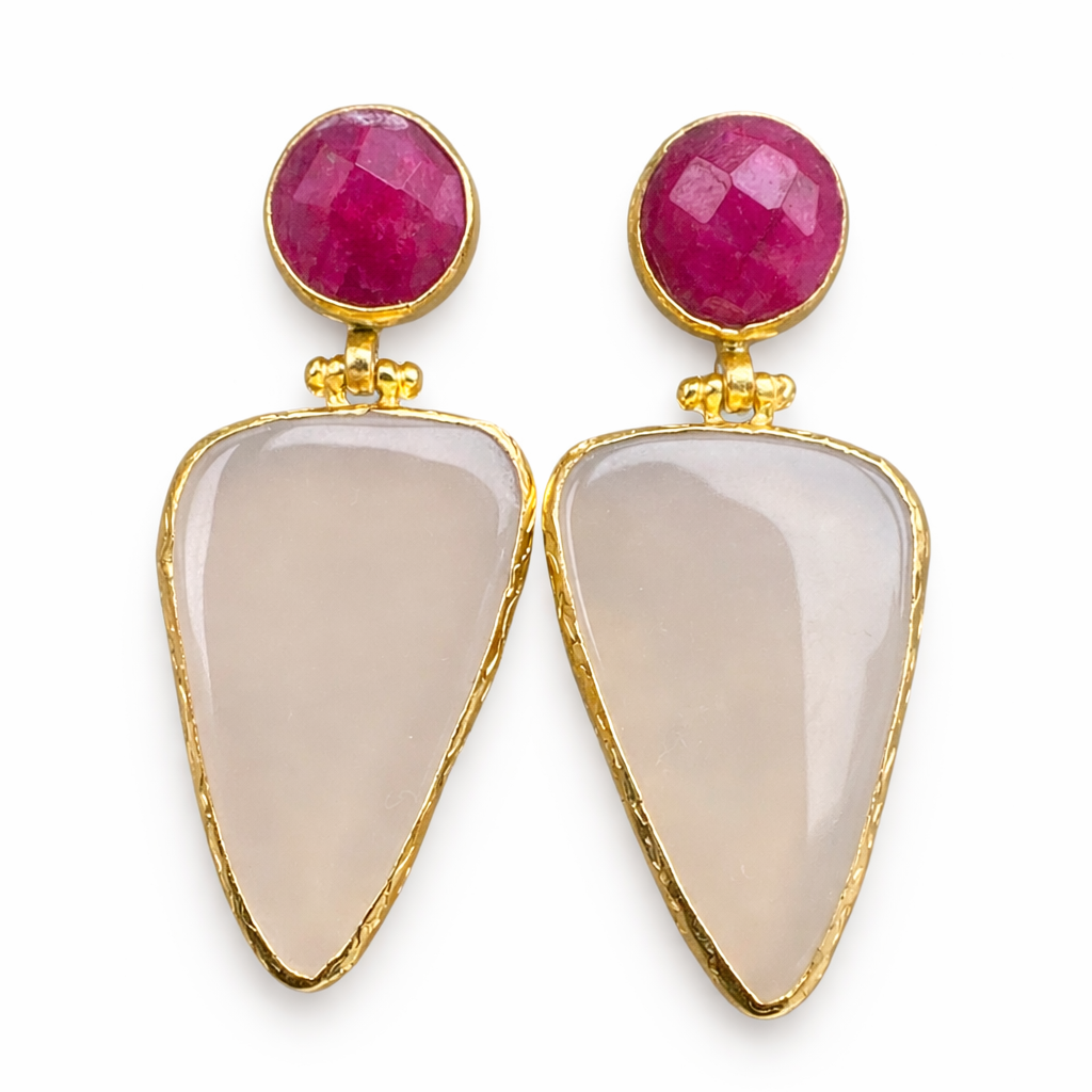 Women's statement drop earrings with moonstone and ruby stones at RM Kandy