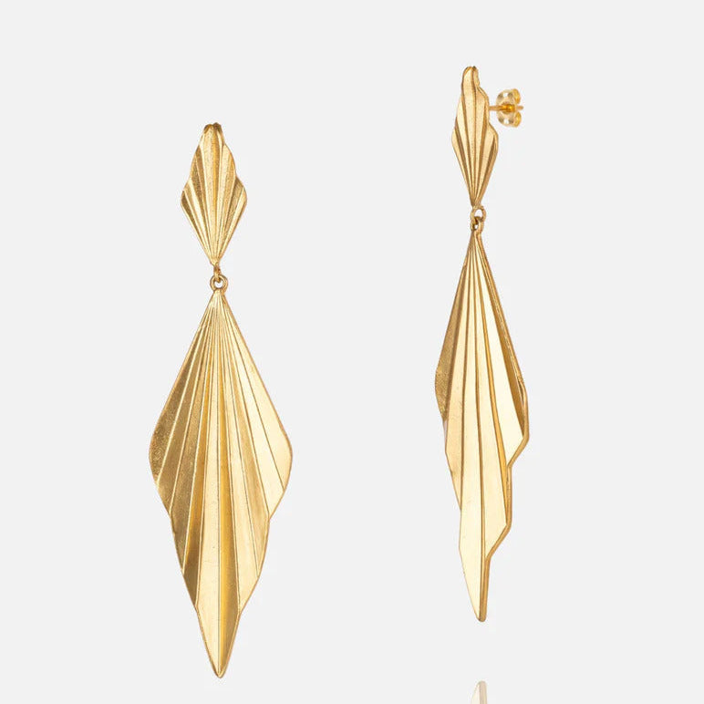 Women's Gold Lozenge Shape Textured long drop statement earrings at RM Kandy