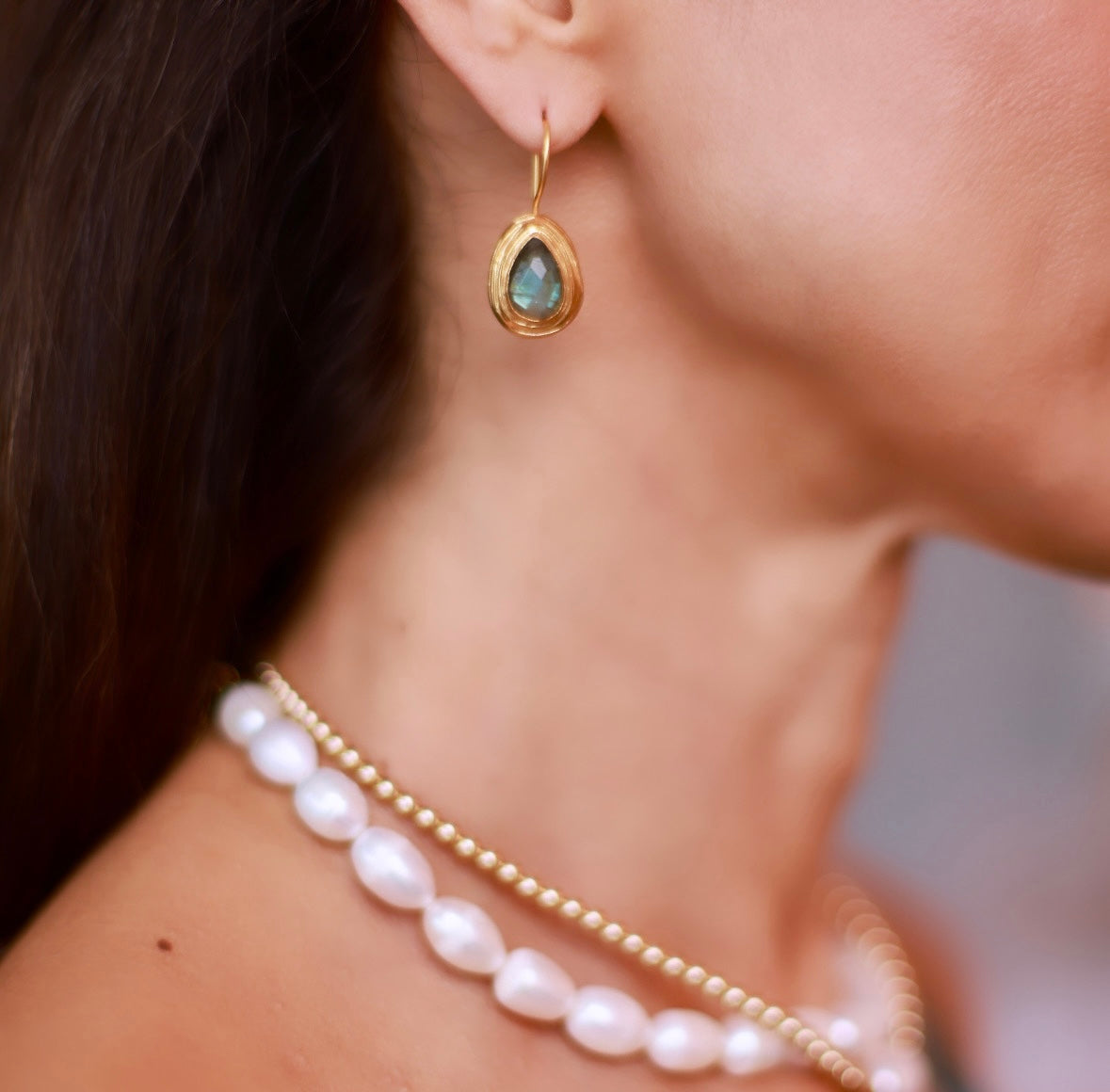 Women's Gold Drop Earrings with Labradorite Stone wire clasp at RM Kandy