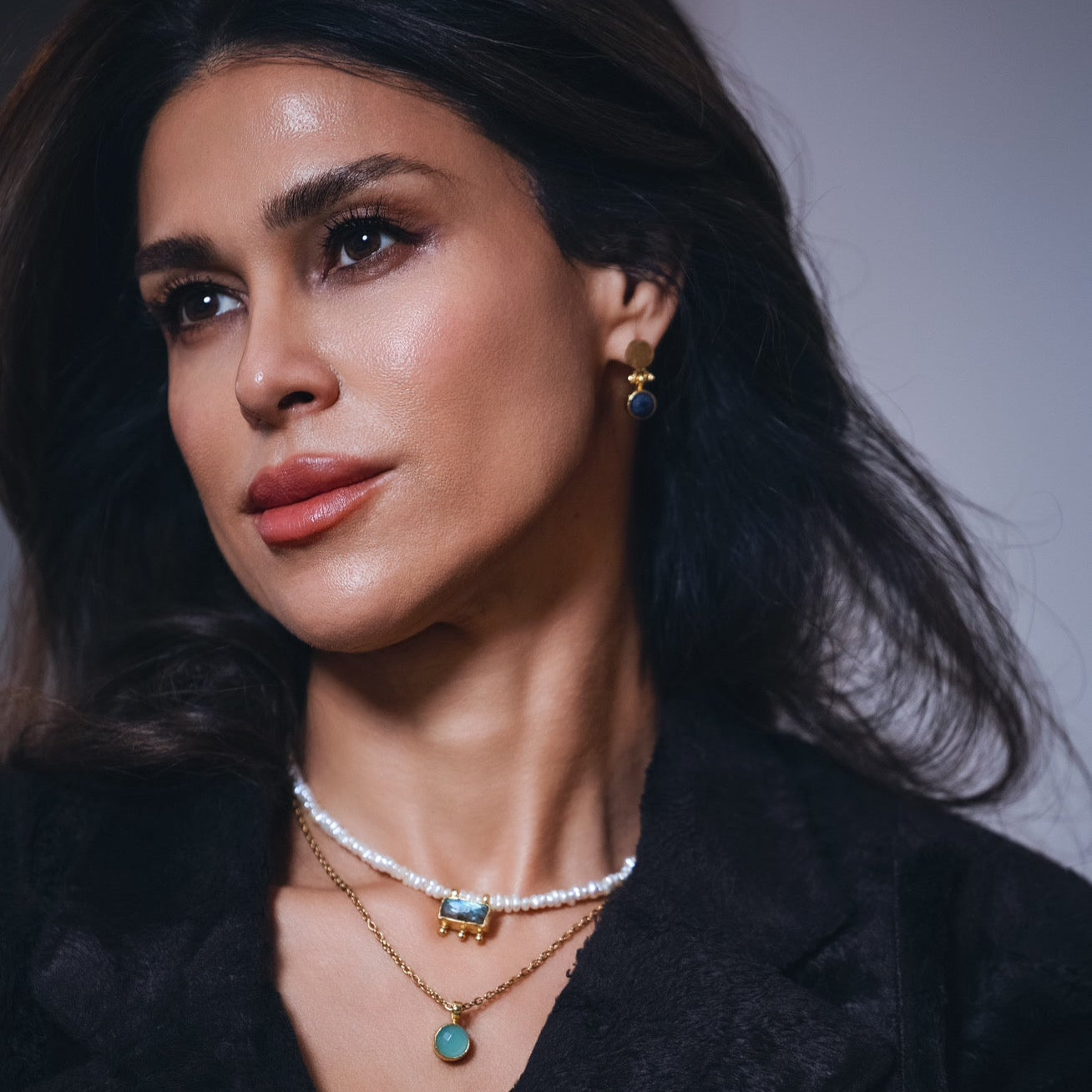 Gold Drop Earrings with aqua chalcedony semi precious stones at RM Kandy