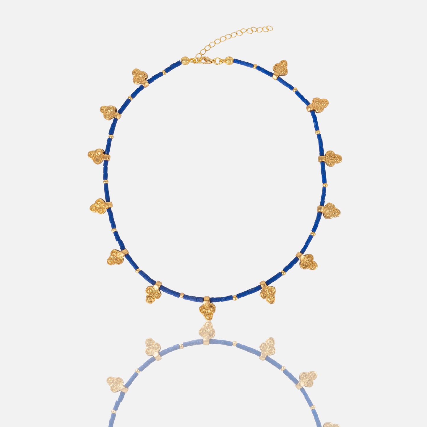Lapis Lazuli Beaded Choker Necklace with Gold tiny luck charms handmade at RM Kandy