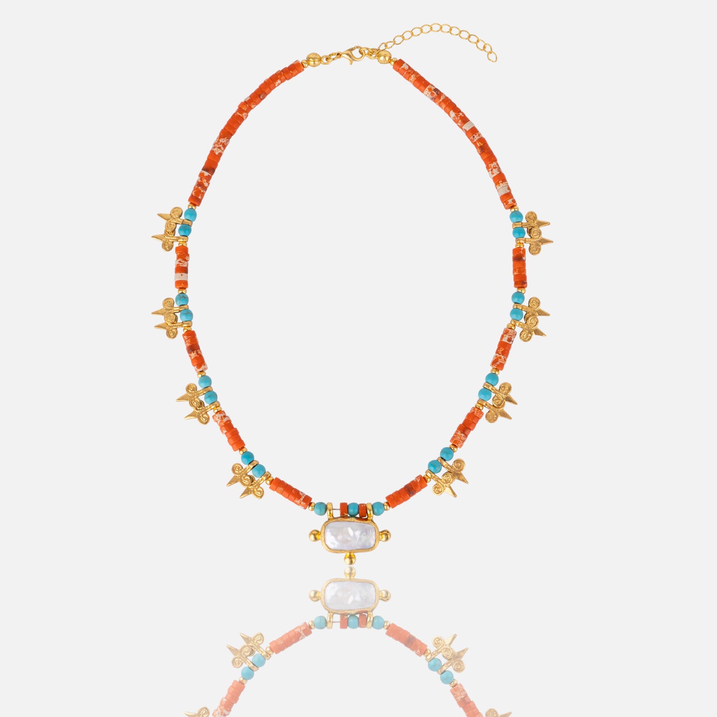 Women's Halite turquoise Beaded Necklace with gold and pearl charm at RM Kandy