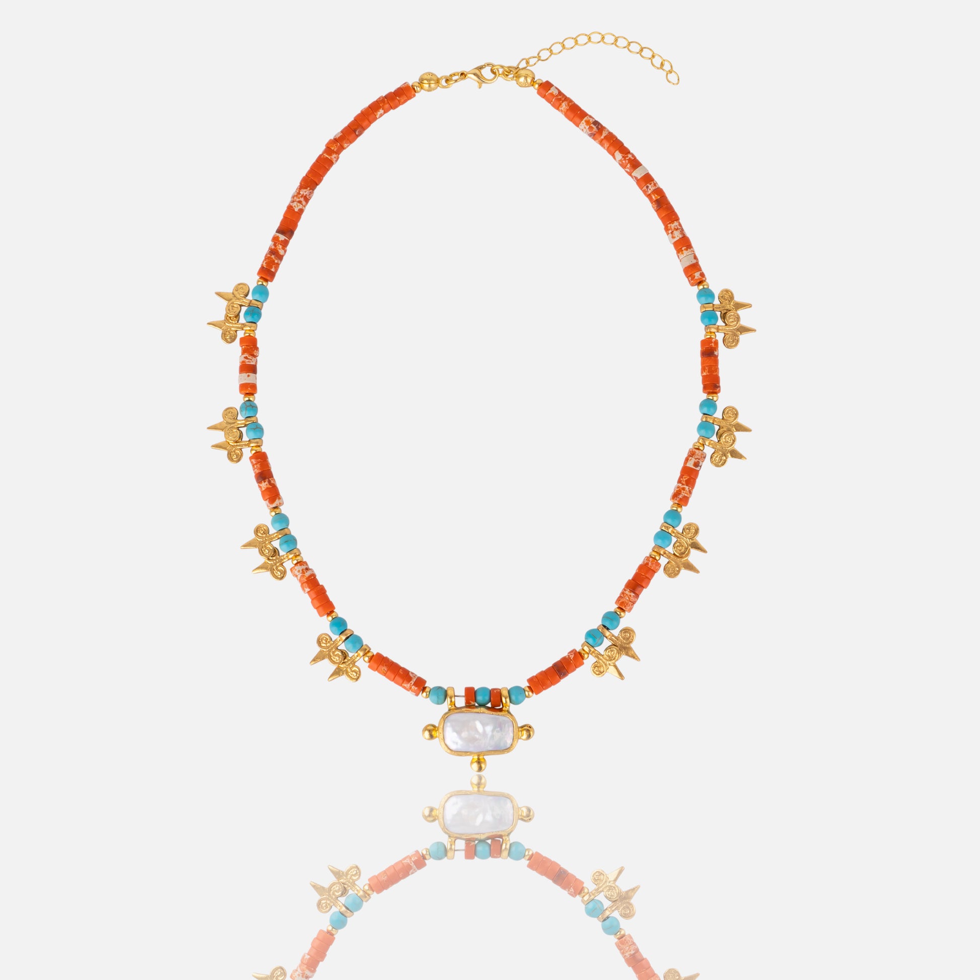 Women's Halite turquoise Beaded Necklace with gold and pearl charm at RM Kandy