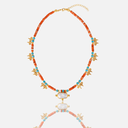 Women's Halite turquoise Beaded Necklace with gold and pearl charm at RM Kandy