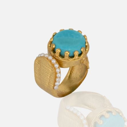 Gold Turquoise Statement Ring with Pearls adjustable handmade at RM Kandy