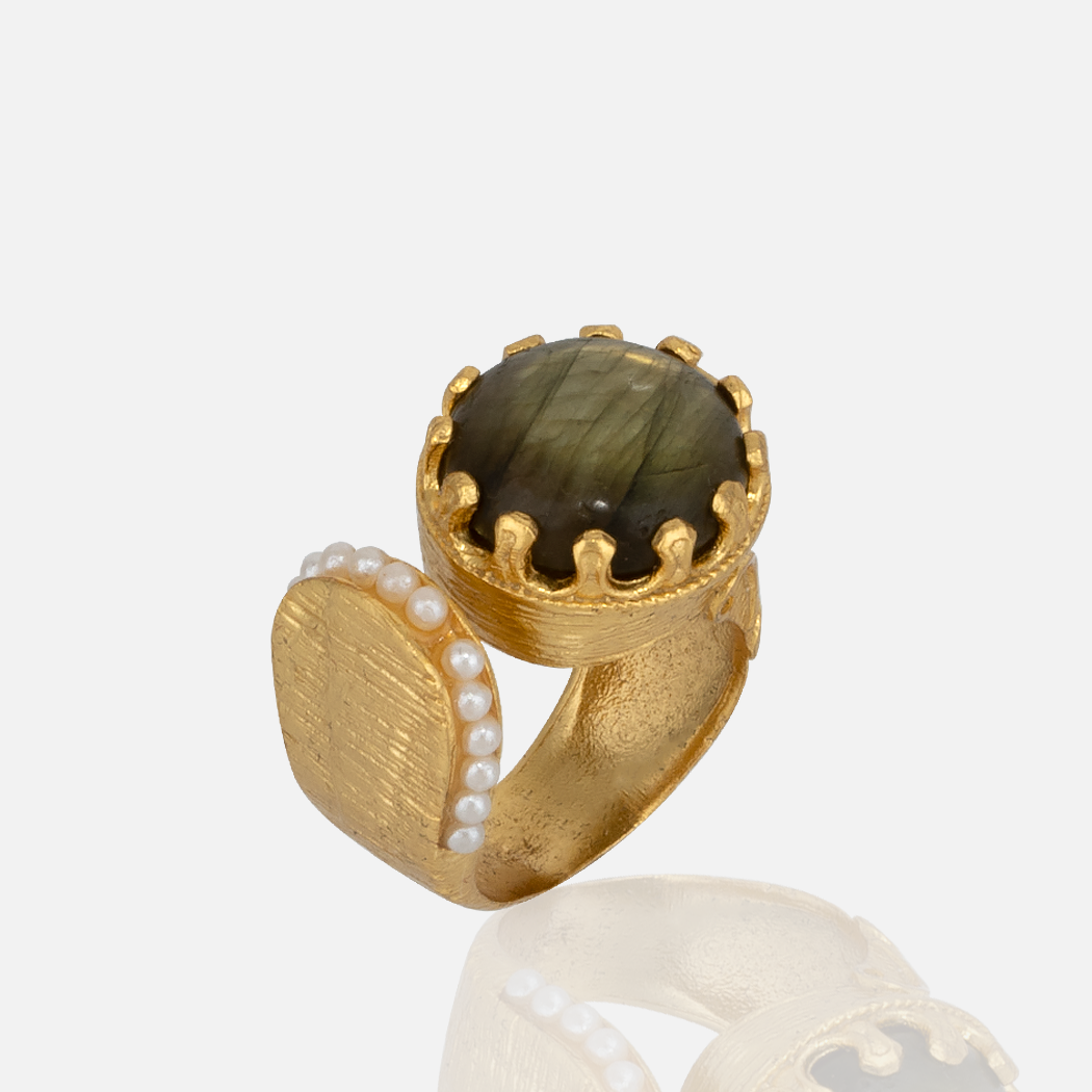 Women's Gold Labradorite and Pearl Adjustable Statement Ring handmade at RM Kandy