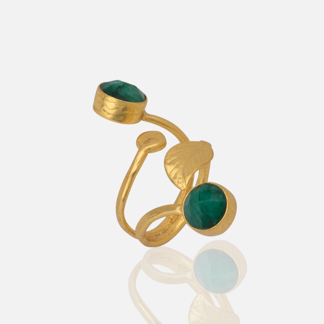 Gold Ring with two Emerald Stones adjustable for women handmade at RM kandy