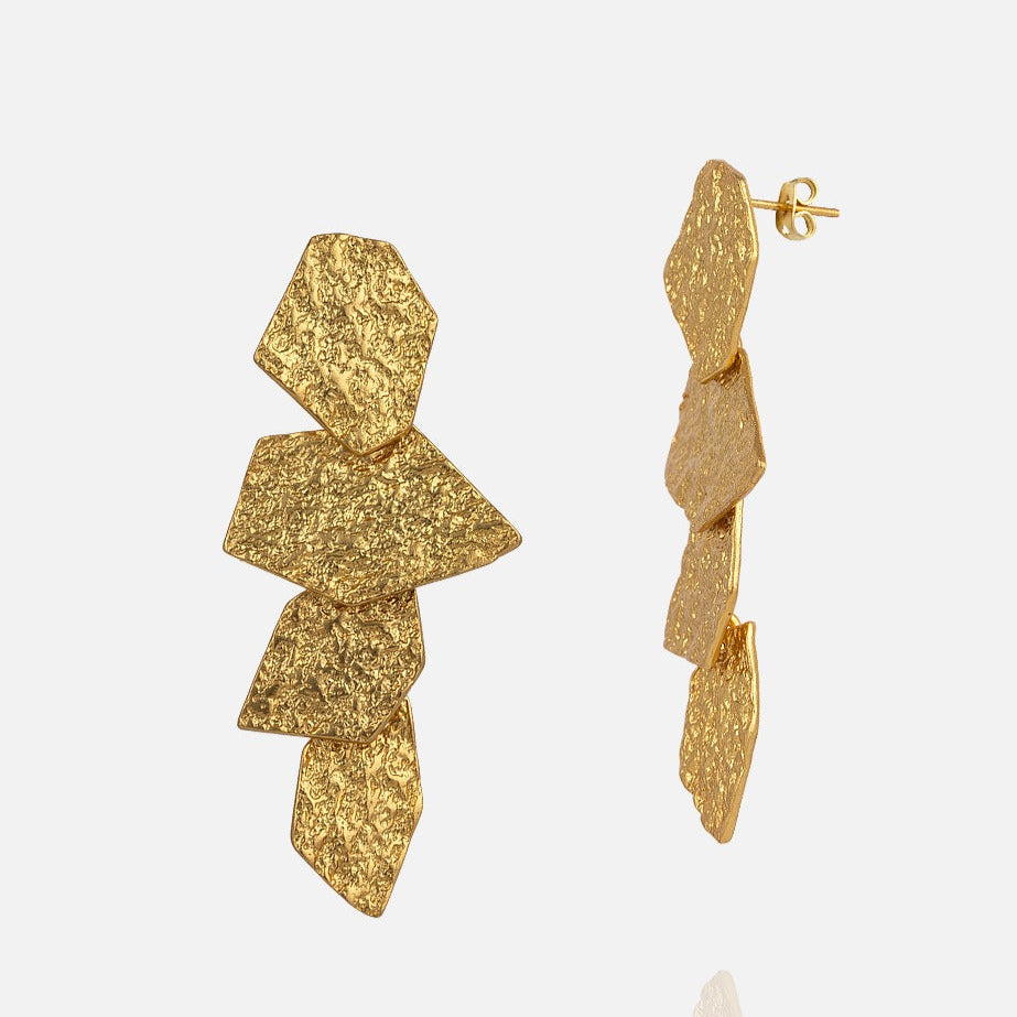 Women's Gold Textured Long Dangling Statement Earrings at RM Kandy