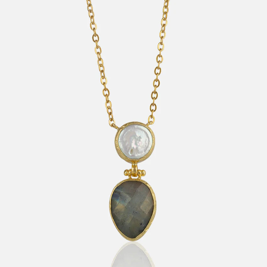 Women's Labradorite Pearl Pendant Necklace thin gold chain at RM Kandy