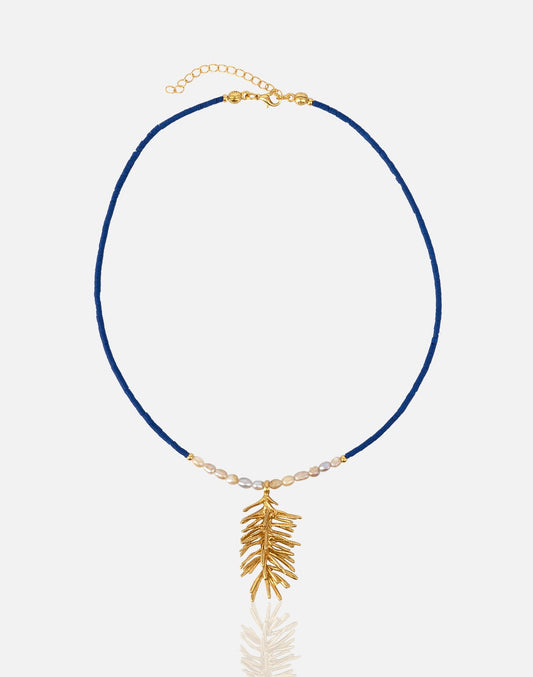Lapis and Pearl Beaded Necklace for women with gold statement Charm at RM Kandy