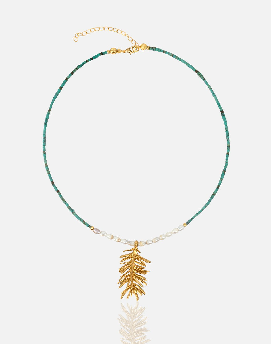 Turquoise Beaded Necklace with Pearls Gold Charm Handmade at RM Kandy