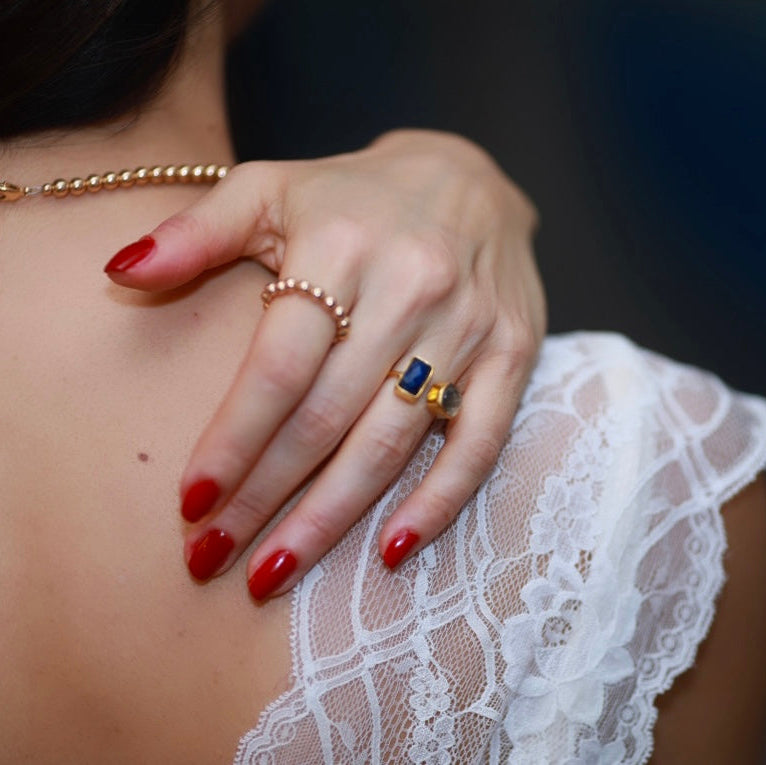Gold Cocktail Ring with lapis and moonstone adjustable for women at RM Kandy