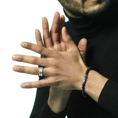 Mens Handmade Black Onyx 6mm Beaded Bracelet silver charms at RM Kandy
