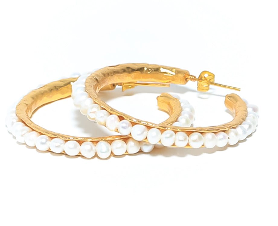 Large Gold Hoop Custom Earrings with Beaded Mother of Pearl