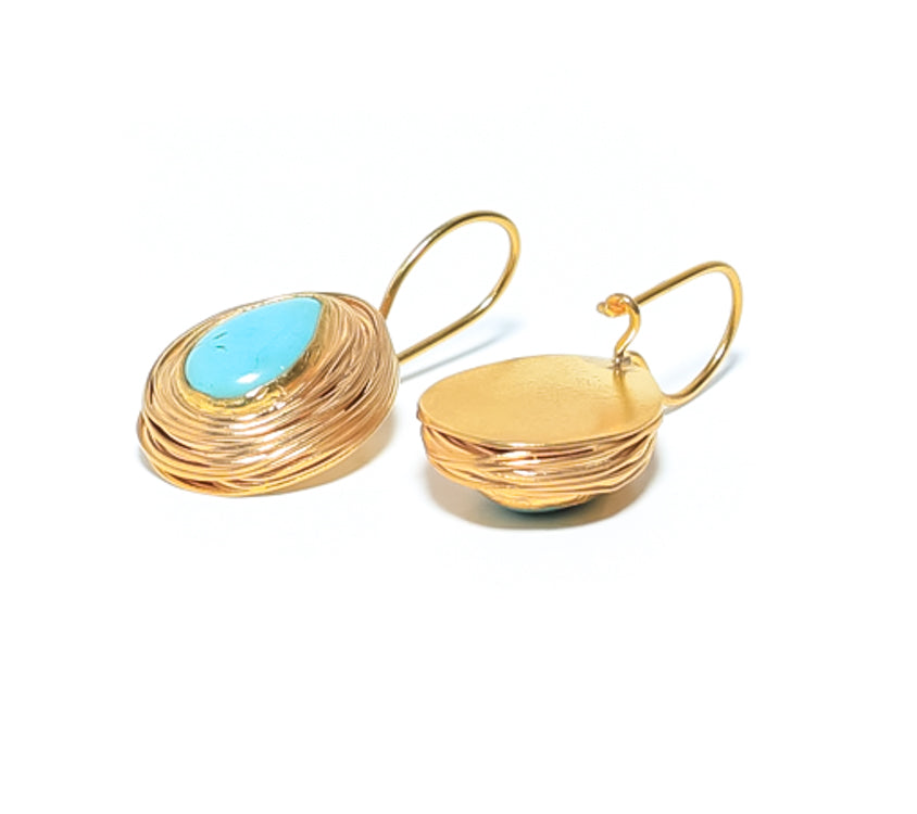 Women's Gold and Turquoise gemstone Drop Earrings wire clasp at RM Kandy