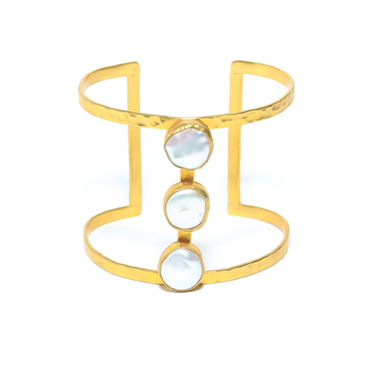 Gold Open cuff bangle bracelet with three mother of pearl stones set on it, for women at RM Kandy