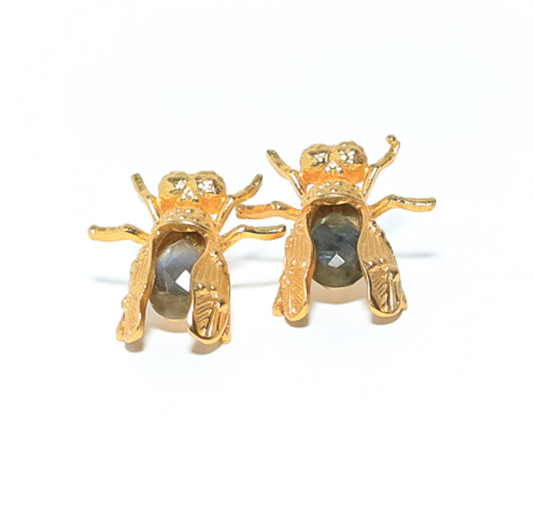 Large Fly Shaped Gold Labradorite Earrings at RM Kandy