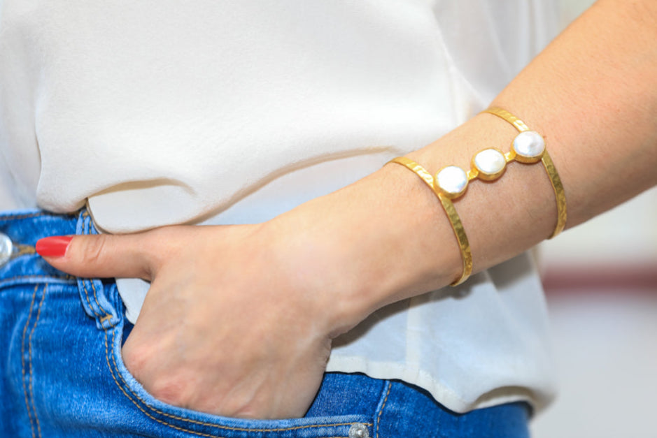 Gold Cuff Bracelet Fresh Pearl Statement Charms RM Kandy