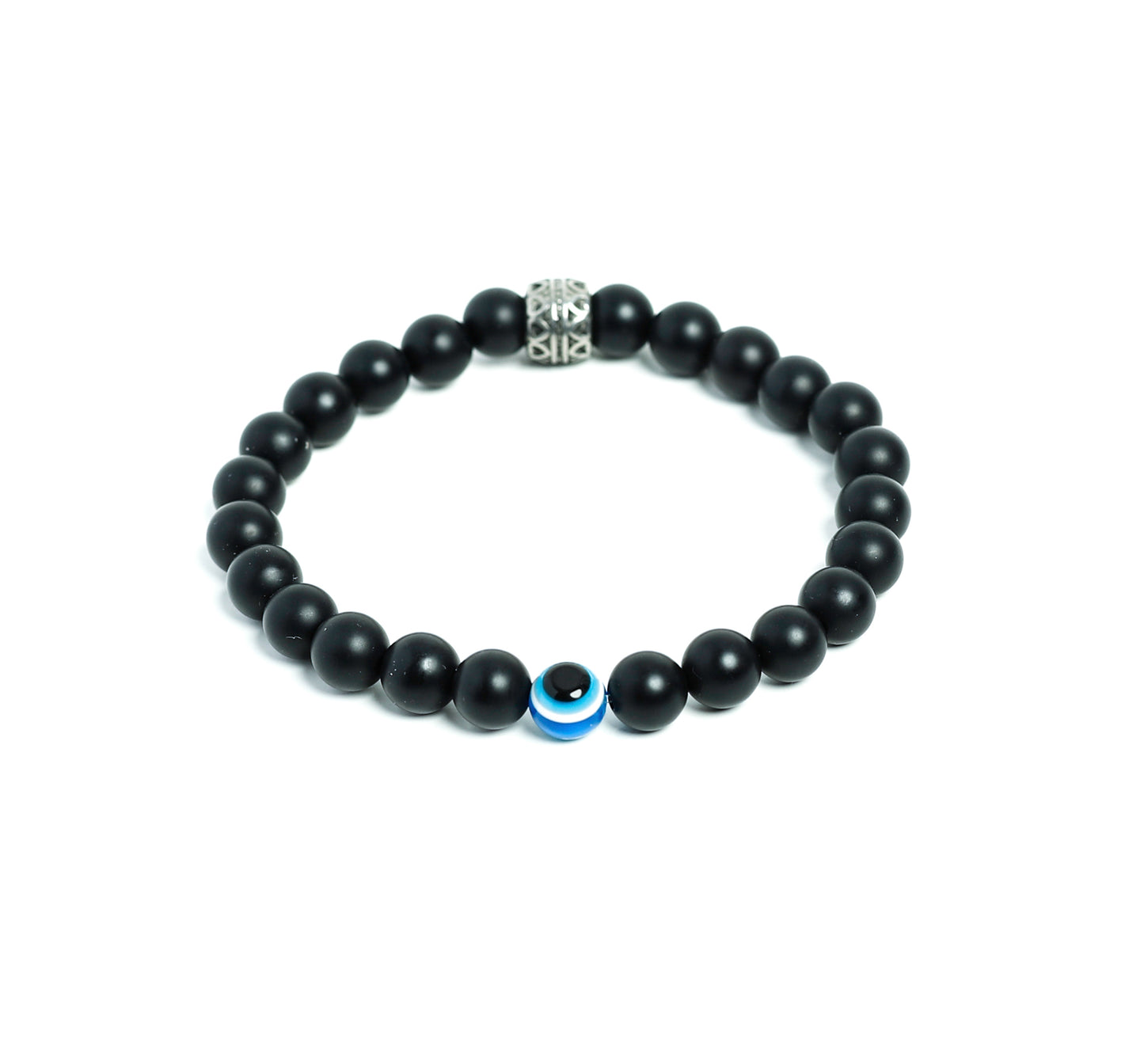 Mens Black Onyx Evil Eye Beaded Bracelet Stainless Steel Charm