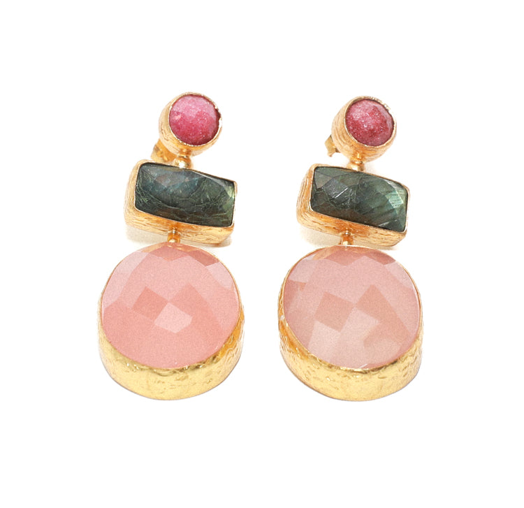 Gemsonte Ruby Rose Quartz Gold Statement Earrings RM Kandy