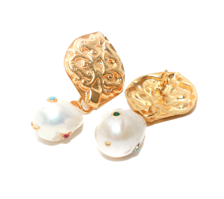 Womens Pearl Baroque Artisan Gold Drop Earrings with butterfly clasp at RM Kandy