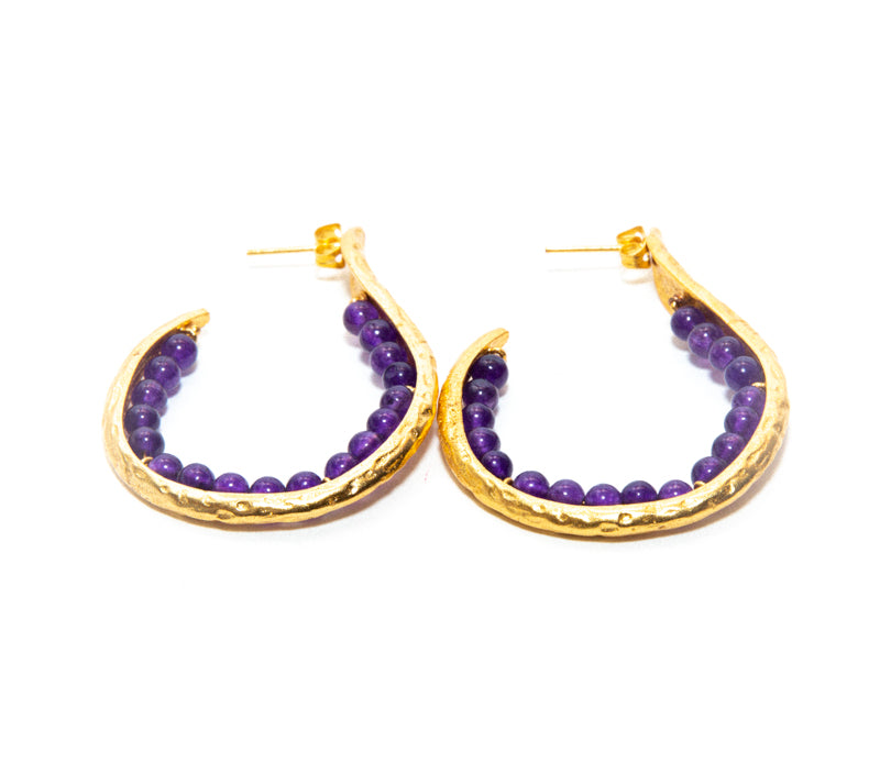 Womens Amethyst large gold Hoop beaded Earrings at RM Kandy