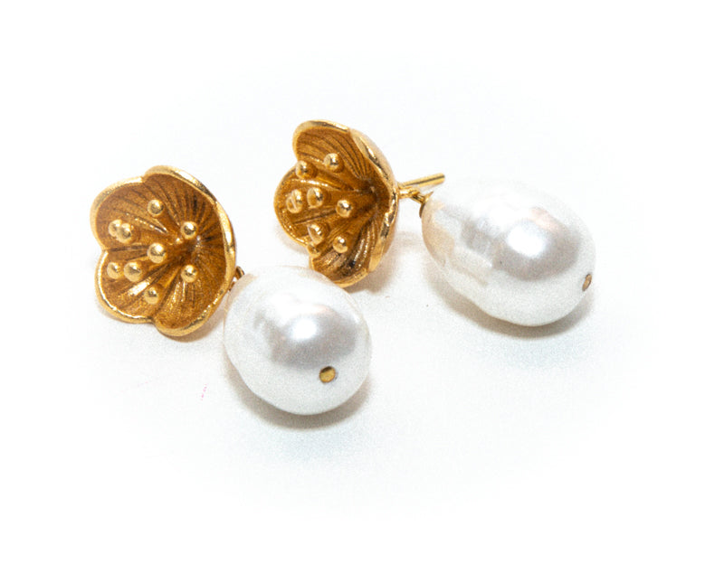 Gold Flower Drop Pearl Earrings for Women