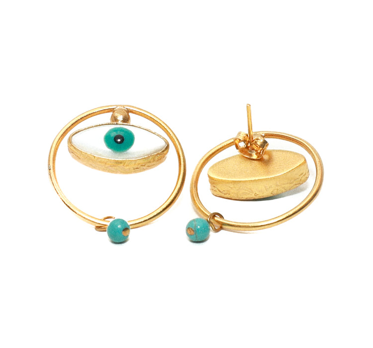 Womens Gold Evil Eye Turquoise Bead Drop Earring