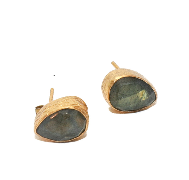 Womens Labradorite Stone Stud Gold Earrings with butterfly clasp at RM Kandy
