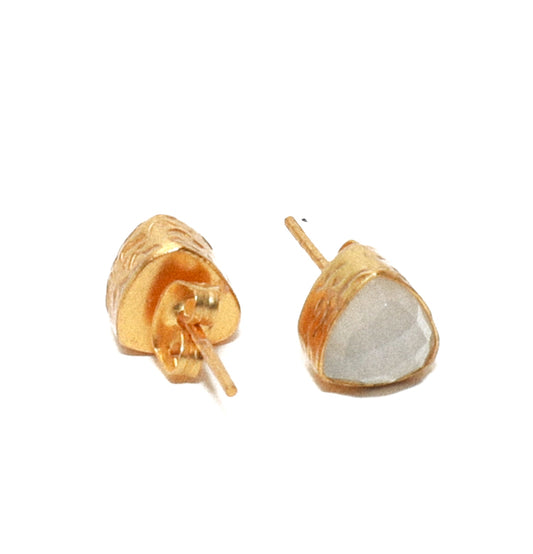 Ladies Moonstone Gold Stud Earrings handset with a butterfly clasp