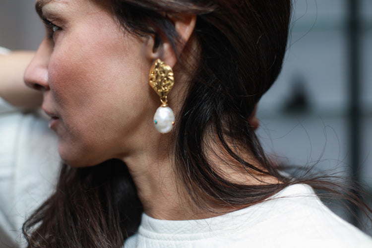 Women's Fresh Pearl Gold Drop Earrings with crystals handmade at RM Kandy