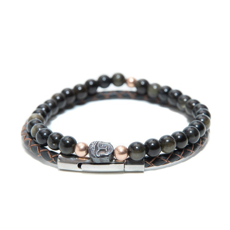 Mens Handmade Golden Obsidian 6mm Bracelet Set with Rose Gold Charms at RM Kandy