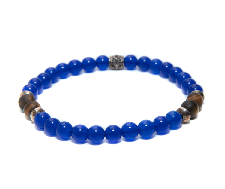 Mens Beaded 6mm Cobalt Blue Jade with silver and tiger eye