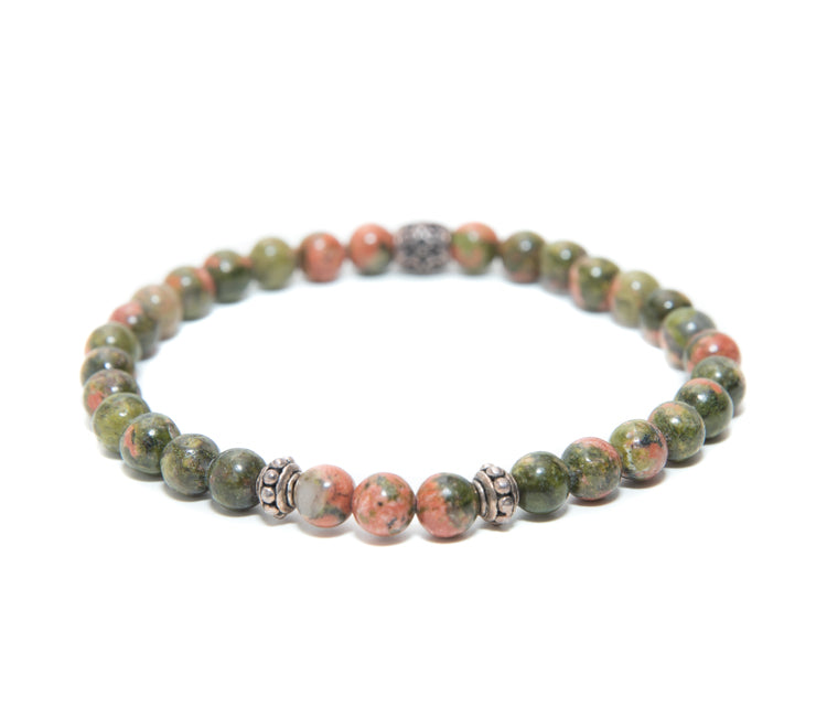Mens handmade unakite Beaded Bracelet with silver charms