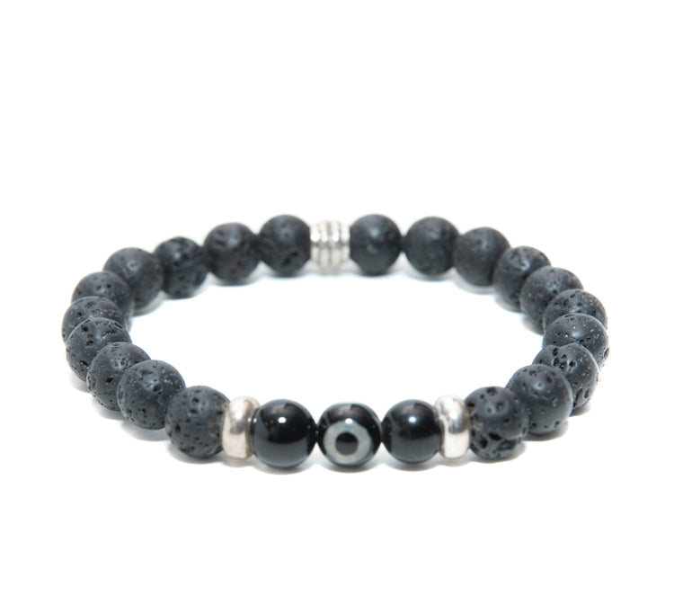Mens Lava Evil Eye 8mm Beaded Bracelet with Silver Charms at RM Kandy