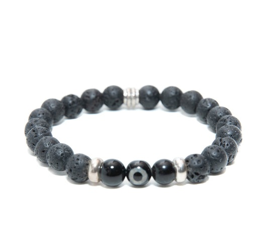Mens Lava Evil Eye 8mm Beaded Bracelet with Silver Charms at RM Kandy