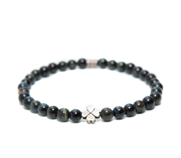 Mens blue tiger eye stone 6mm beaded bracelet  with silver good luck charm handmade at RM Kandy