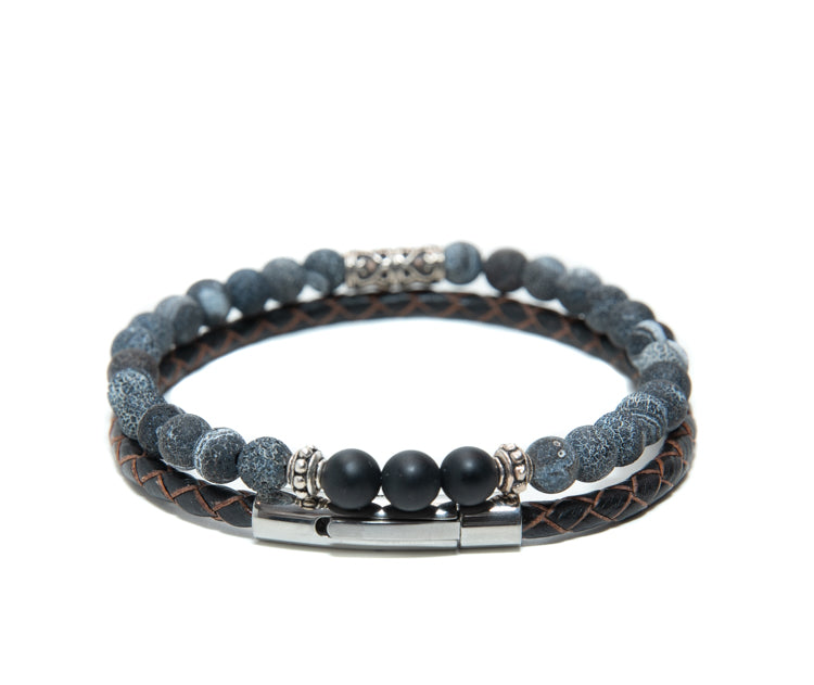 Mens handmade Sardonyx 6mm Beaded and leather Bracelet set with silver charms at RM Kandy