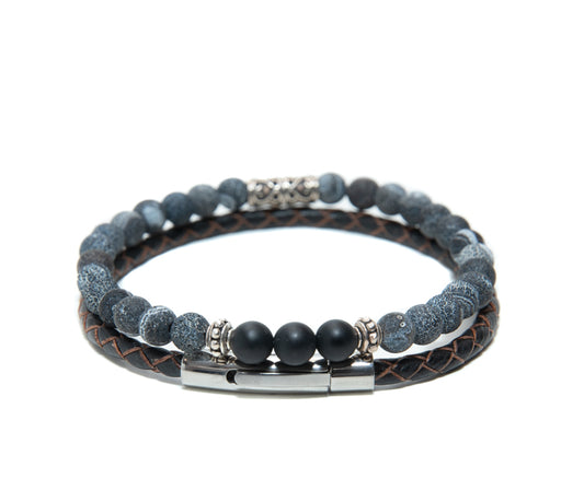 Mens handmade  Sardonyx 6mm Beaded and leather Bracelet set with silver charms at RM Kandy