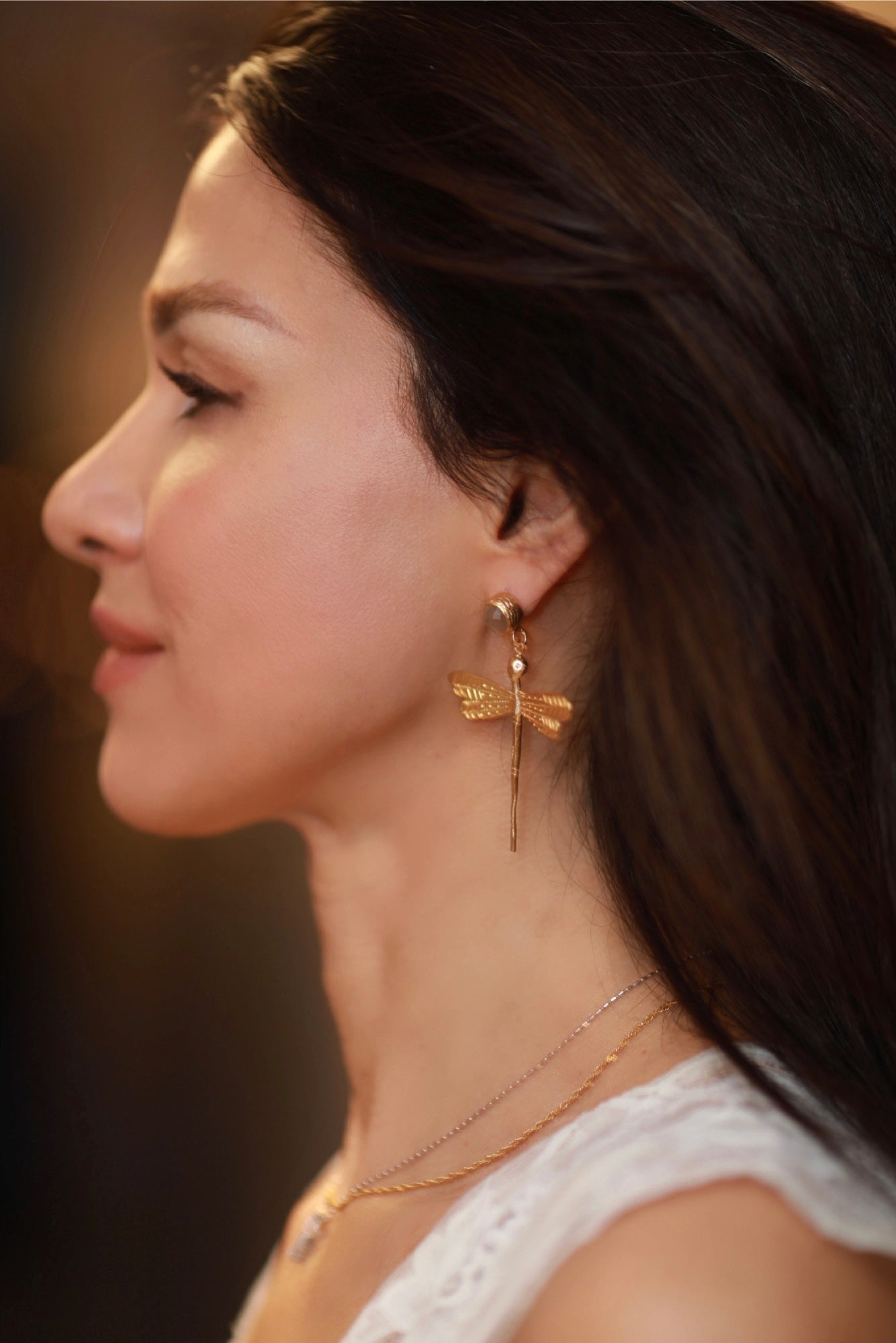 Womens Dragon Fly Large Gold Earrings with semi precious stones and Butterfly clasp