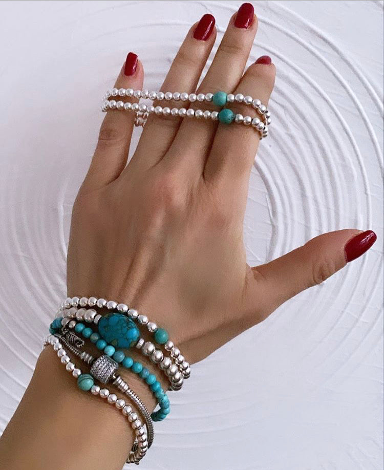 Silver 4mm Beaded Bracelet with Turquoise Charm for women at RM Kandy
