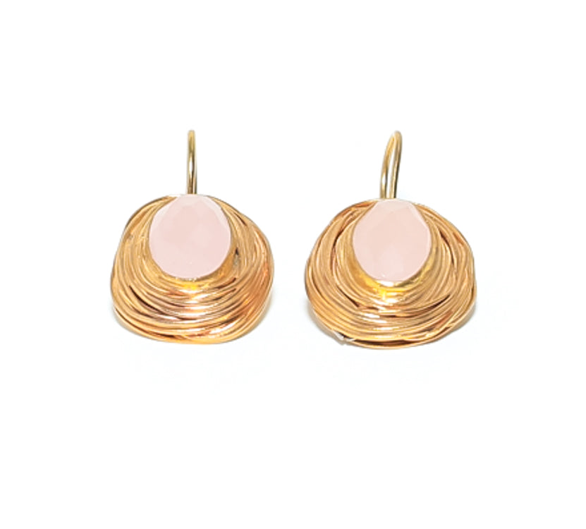 Gold Drop Earrings centered with rose quartz semi-precious stone for women at RM KANDY