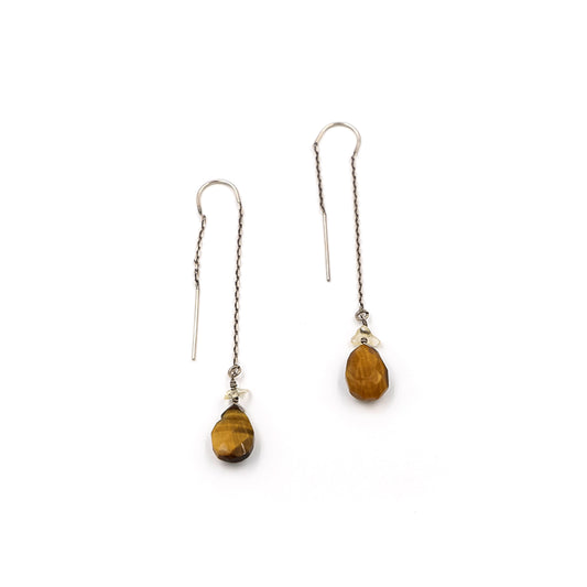 Tiger Eye Silver Drop Chain Earrings -RM KANDY