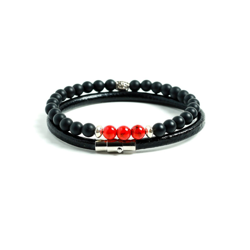 Men's Black Matt Onyx Bracelet with red jade beads and silver charms leather bracelet set at RM Kandy