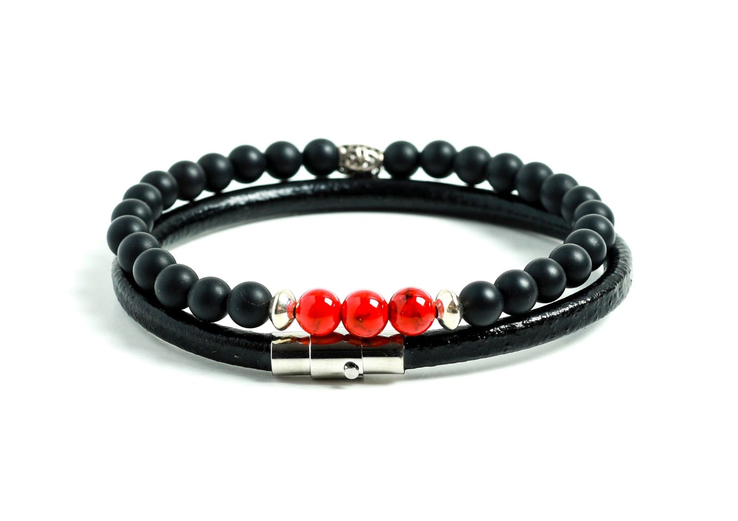 Black Matt Onyx Beaded Bracelet and Leather Set for Men at RM Kandy