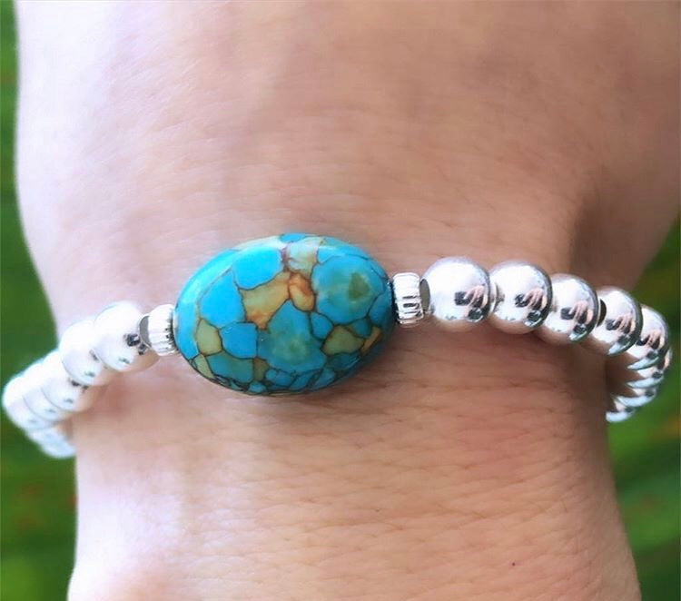 Women's Silver 6mm Beaded Bracelet with Turquoise Stone at RM KANDY